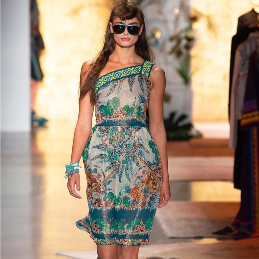 Anna Sui Tropical Fruit Medley Silk Dress 6 One Shoulder Beaded Short Hem Retro